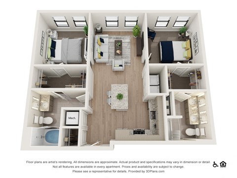 Floor plan for 2 beds, 2 baths, 1028 sqft